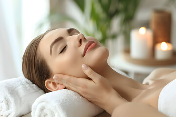 Obraz na płótnie Canvas Young woman enjoying head face massage in spa salon. Beauty treatment concept