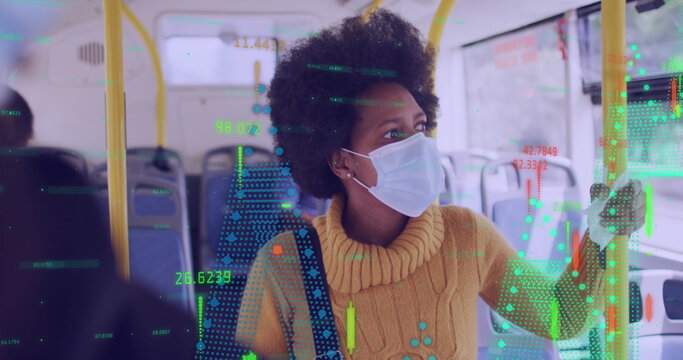 Image of financial data processing and woman in face mask on bus