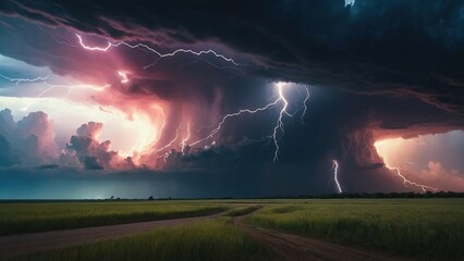 Hurricane clouds and lightning against the horizon - obrazy, fototapety, plakaty