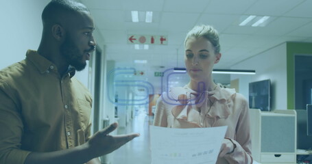 Image of 6g text and data processing over diverse business people in office