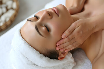 Fototapeta na wymiar Young woman enjoying head face massage in spa salon. Beauty treatment concept
