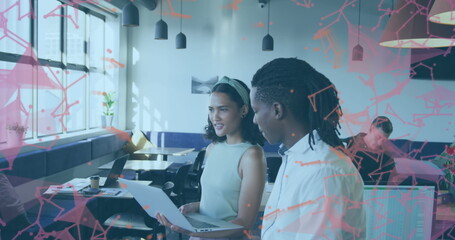 Image of connections and data processing over diverse business people in office