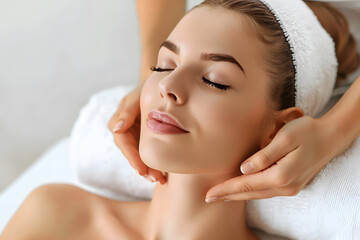 Young woman enjoying head face massage in spa salon. Beauty treatment concept