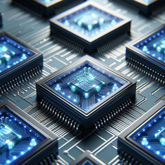 깨끗하고 반사되는 표면에 배열된 반도체 칩 클러스터, 부드러운 파란색 LED 조명 0