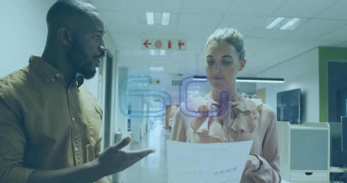 Image of 6g text and data processing over diverse business people in office