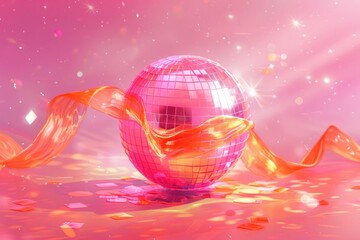 Shiny disco ball with ribbon and confetti on pink background for party and celebration concept