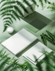 Green workspace with notebook, pen, and plant on white background for creative inspiration and productivity