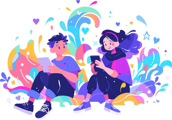 Two young people immersed in a colorful, abstract world of creativity. Vector illustration.