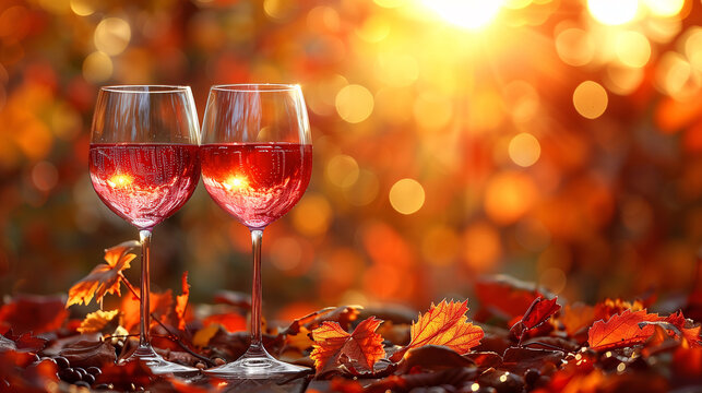 Two glasses of red wine on a table surrounded by autumn leaves, with a warm sunset in the background.