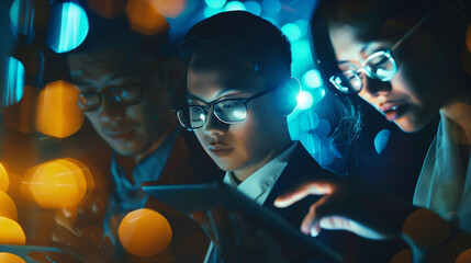 Group of young business people using tablet computer in office at night.