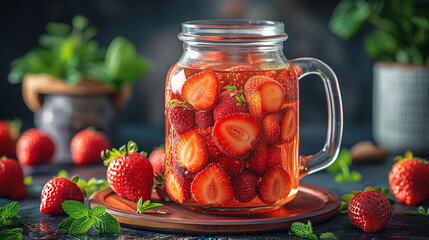 A mason jar filled with fresh strawberries and mint leaves, set on a wooden table with scattered strawberries and mint around. - Powered by Adobe