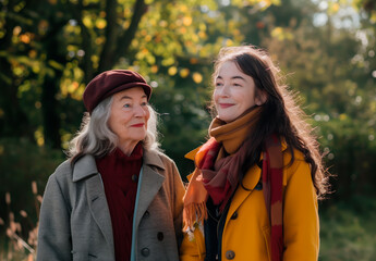 Grandmother and granddaughter enjoying a walk in the park.

