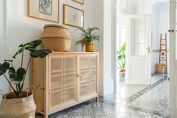A light wooden cabinet with rattan screens is placed in the hallway, which has white walls and black and gray patterned tiles on them. There's also an open door leading to another room.