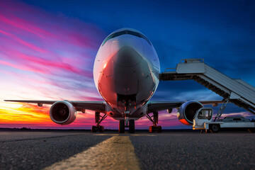 Wide body passenger jet plane with boarding steps at the airport apron against the backdrop of a...