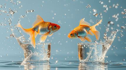Two goldfish leaping from water glasses amidst splashing water on a blue background - obrazy, fototapety, plakaty