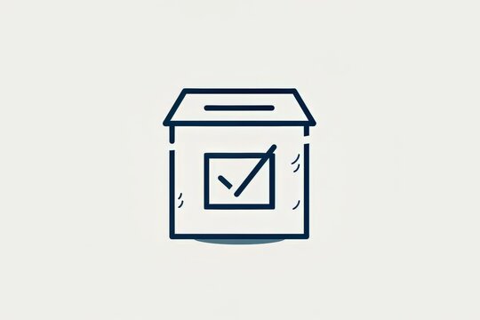 Minimalist Line Drawing of Election Ballot Box with Check Mark, Conveying a Symbolic Representation of Decision Making in High Contrast Setting.