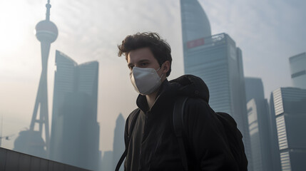 Young man walking city streets, wearing protective face mask