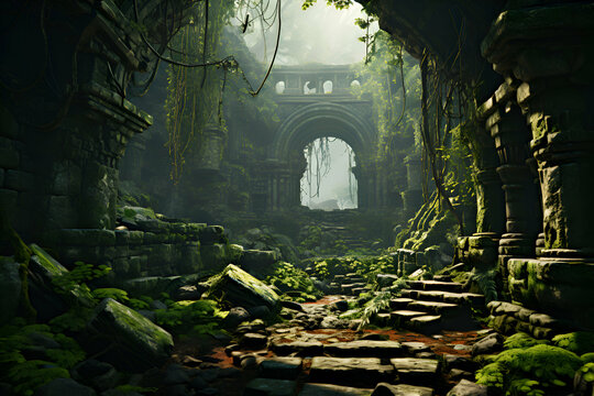 Mysterious ruins in the jungle. Fantasy forest. 3d rendering