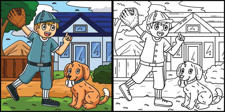 Boy and Dog Playing Baseball Coloring Illustration