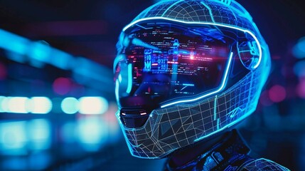 digital blue hologram a motorcycle helmet with data streams, ai in rider safety systems, hazard detection algorithms, route navigation assistance, and communication interfaces.
 - obrazy, fototapety, plakaty