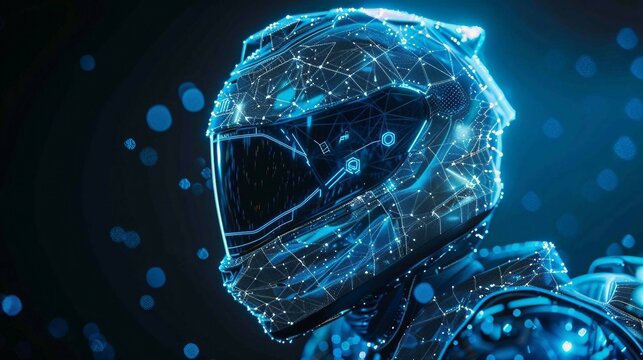 digital blue hologram a motorcycle helmet with data streams, ai in rider safety systems, hazard detection algorithms, route navigation assistance, and communication interfaces.
