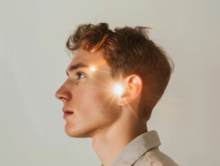 Fototapeta premium Dramatic Portrait of a Youthful Man Bathed in Stunning Light, Capturing a Moment of Radiance and Intensity