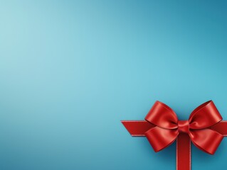 Red ribbon with bow on blue background, Christmas card concept. Space for text. Red and Blue Background