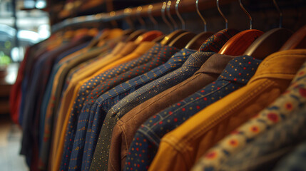 Colorful shirts hanging on wooden hangers in a clothing store, showcasing various patterns and textures.