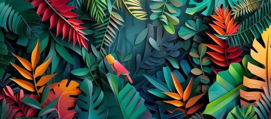 Fototapeta na wymiar Paper cut masterpiece. Amazon Rainforest as a vibrant paper cut masterpiece highlighting the biodiversity of Brazil