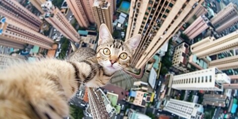 Cat Capturing a Selfie with Hong Kong's Majestic Skyscraper as a Backdrop