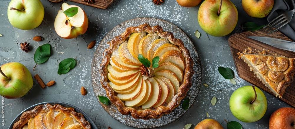 Poster a homemade apple and pear pie with fresh sliced apples neatly arranged on top, set against a rustic 