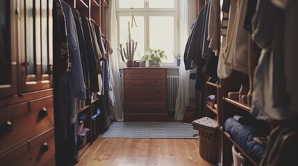 Typical contemporary home closet room with spacious wardrobes and clothes hangers