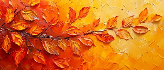 Abstract autumn leaves, serene theme, palette knife strokes in oil, orangeyellowgold background, vibrant highlights