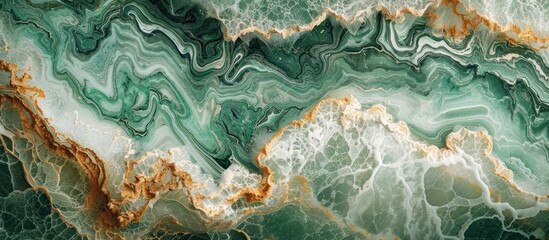 The close-up reveals the intricate details of a green and gold marble, showcasing its unique patterns and colors.