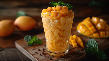 A refreshing mango smoothie topped with diced mango and mint leaves, served in a tall glass on a...