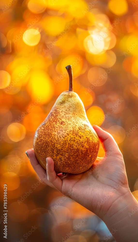 Poster fresh pear in hand with blurred background selection of pears, copy space available