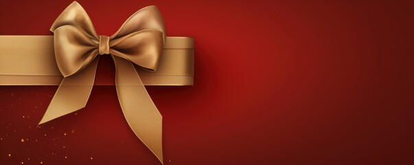 Red ribbon with bow on brown background, Christmas card concept. Space for text. Red and Brown Background