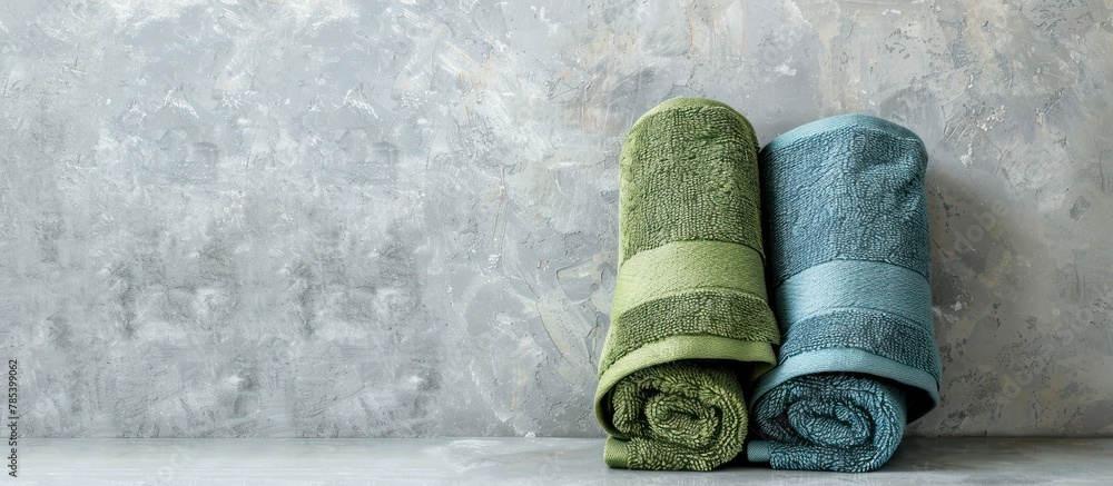 Poster two green and blue handled washcloths neatly folded and placed side by side on a counter, creating a