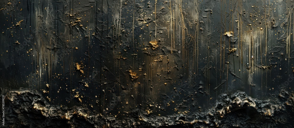 Poster a close-up view of a wall adorned with bold strokes of black and gold paint creating a striking abst