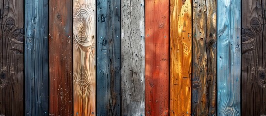 wooden wall constructed using various colors and types of wood, creating a visually interesting and...