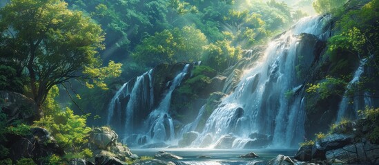 A painting depicting a majestic waterfall tumbling down rocky cliffs in a lush forest setting.