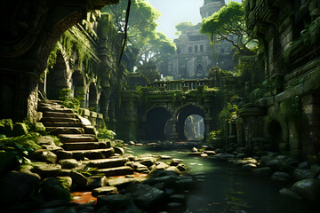 Ancient temple in the jungle. 3d rendering. Computer digital drawing.