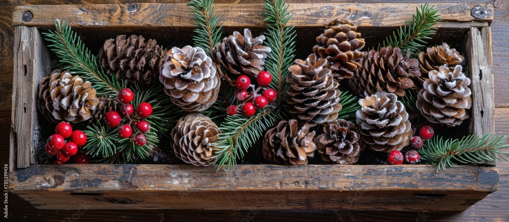 Poster a rustic wooden box is brimming with assorted pine cones and vibrant berries, creating a simple yet 
