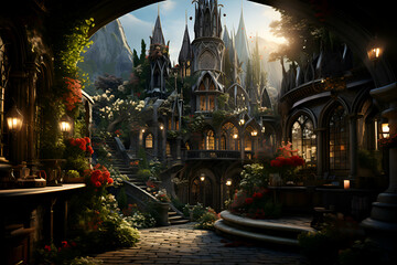 Fototapeta na wymiar 3D render of fantasy fairytale castle. Fantasy magic forest. Fairytale world.