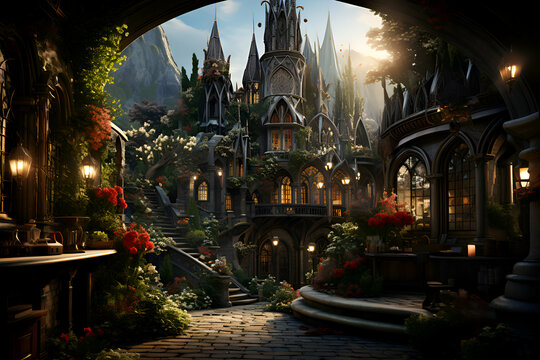 3D render of fantasy fairytale castle. Fantasy magic forest. Fairytale world.