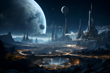 Fantasy landscape with fantasy city and moon
