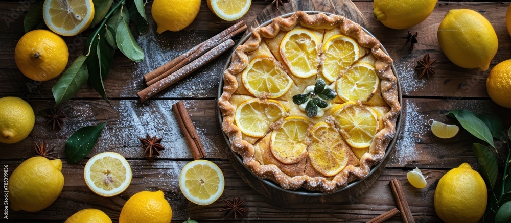 Poster a crostata made with meyer lemon filling topped with slices of lemons and sprinkled with cinnamon st
