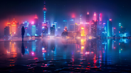 A silhouette of woman standing in front of futuristic cityscape with colorful neon lights and reflections
