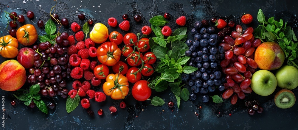 Poster a colorful selection of various fruits and vegetables neatly arranged in a straight line.