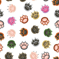 Paw Seamless Pattern. Footprints on White Background. Vector